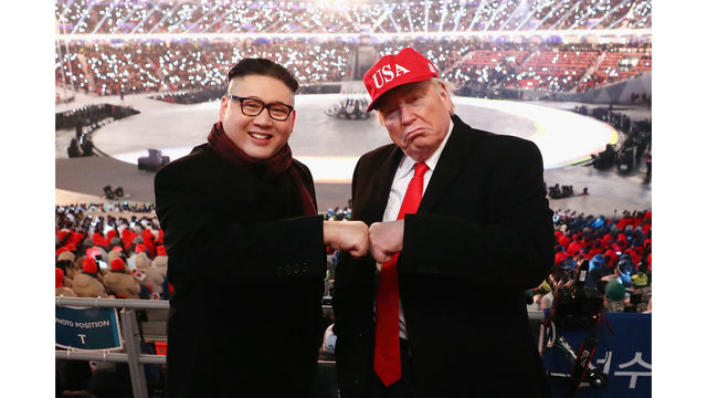PYEONGCHANG-GUN, SOUTH KOREA - FEBRUARY 09:  Impersonators of Donald Trump and Kim Jong Un pose during the Opening Ceremony of the PyeongChang 2018 Winter Olympic Games at PyeongChang Olympic Stadium on February 9, 2018 in Pyeongchang-gun, South Korea.  (Photo by Ryan Pierse/Getty Images)
